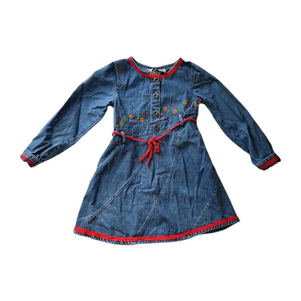 VTG Youngland Girls 6 Cottagecore 80s Prairie Embroidered Denim Jean Dress